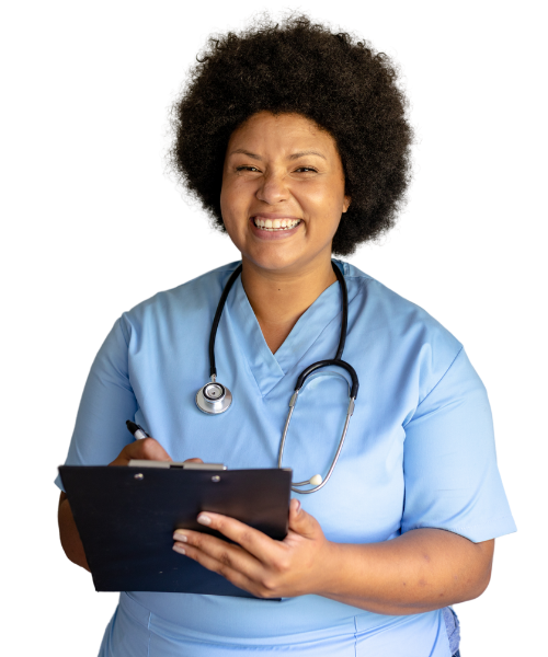 A picture of an african woman who in an international nurse smiling becuase she works for concept care recruitment