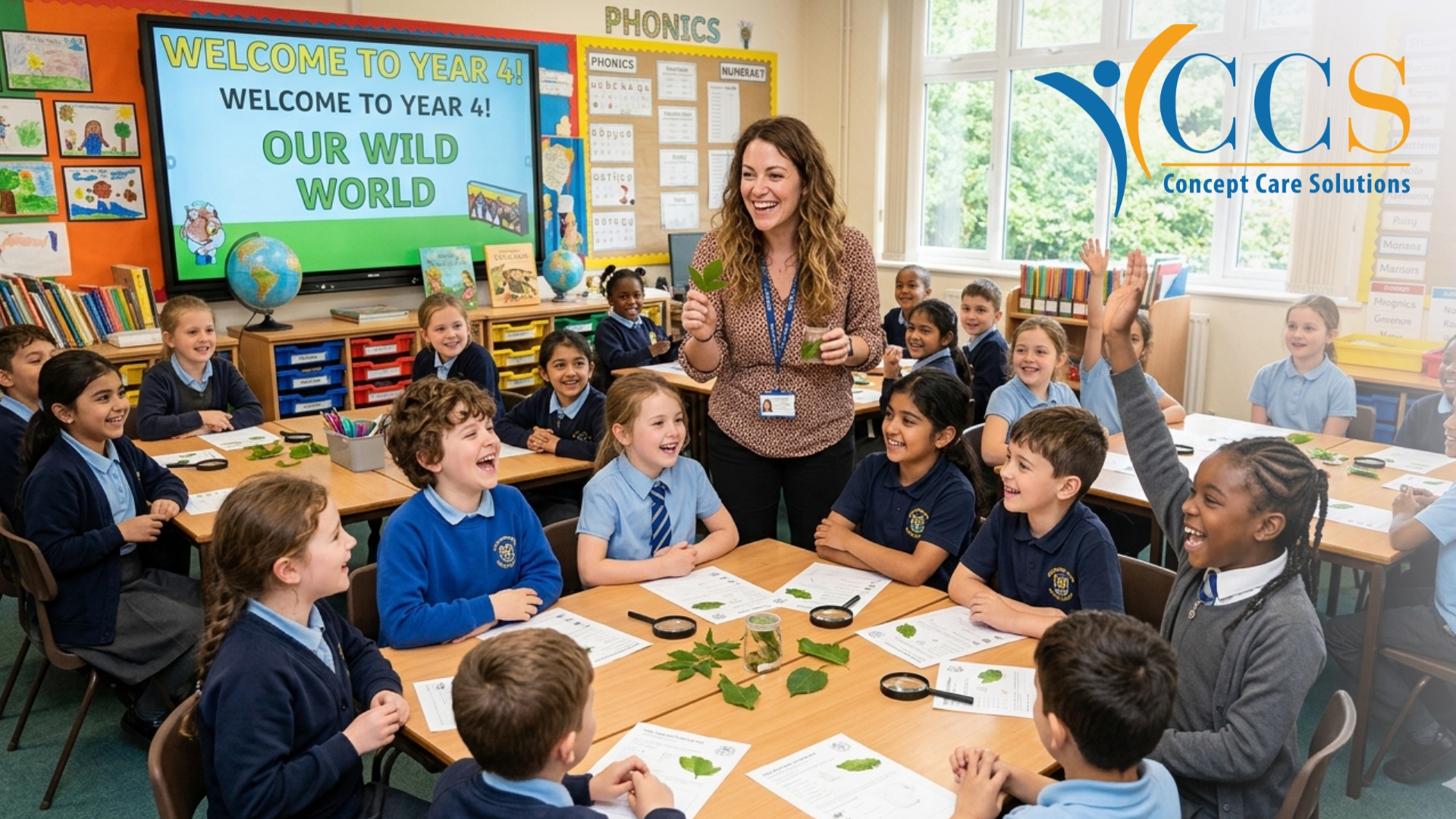 Teacher leading a classroom of primary school students during lesson supported by education recruitment agency