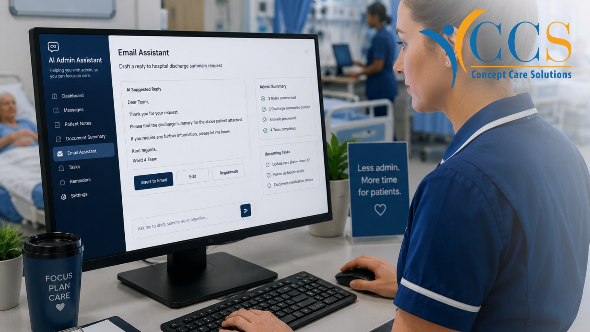 Nurse using AI-powered admin software on a hospital ward in the UK