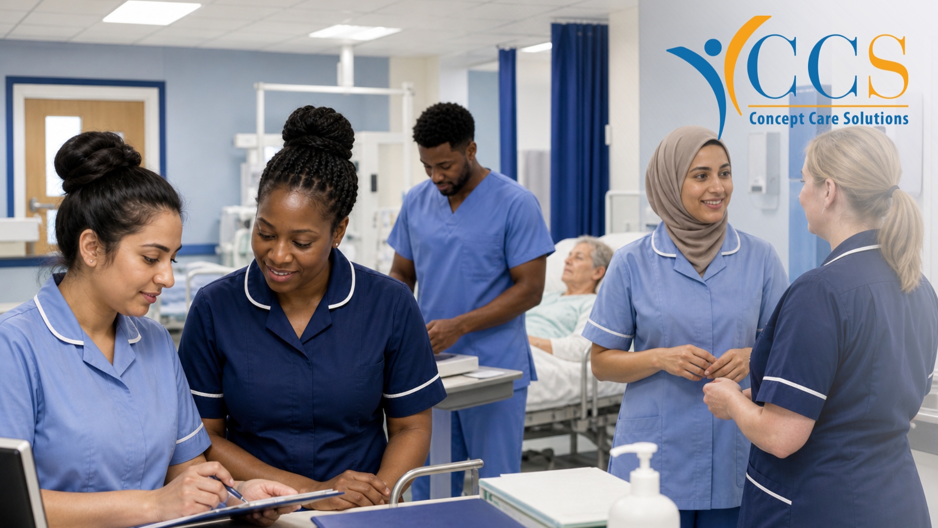 NHS healthcare staff working in hospital ward supported by recruitment agency